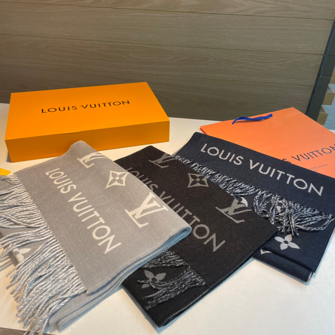 LOUIS VUITTON ALL ABOUT MONOGRAM SCARF 185 CM IN BLACK WOOL 394497