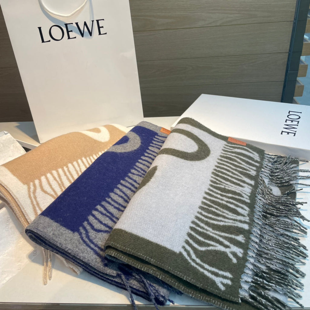 LOEWE SCARF 180 CM IN INDIGO BLUE MIX LIGHT GRAY WOOL AND CASHMERE 415267