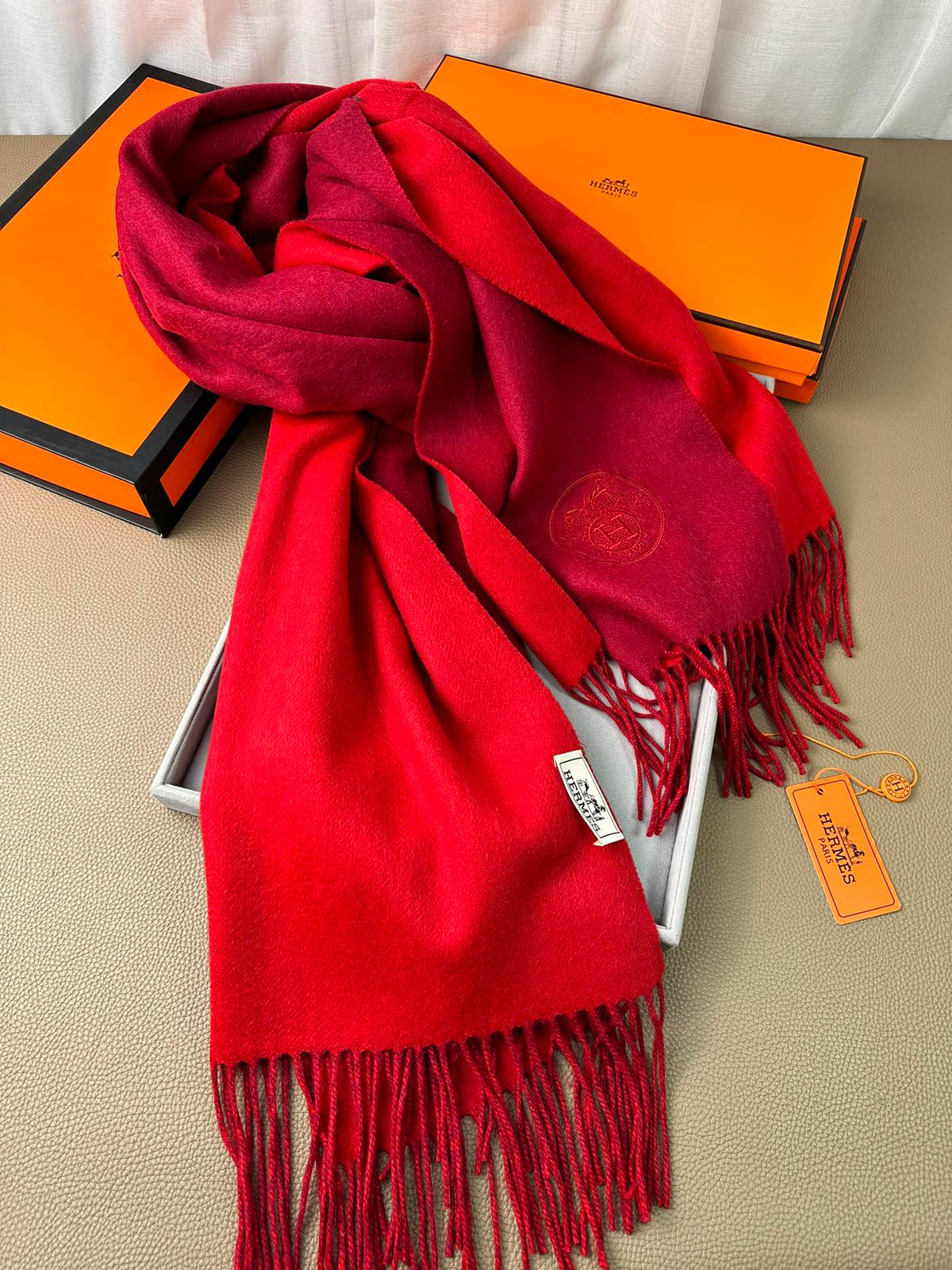HERMES DOUBLE-FACE SCARF 200 CM IN CRIMSON RED CASERE