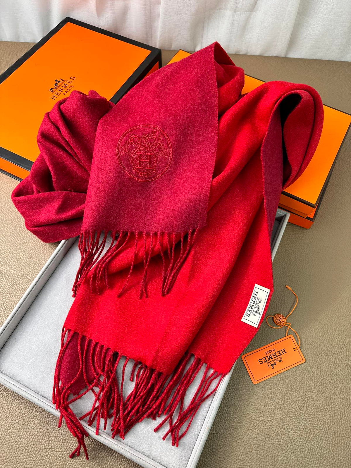 HERMES DOUBLE-FACE SCARF 200 CM IN CRIMSON RED CASERE