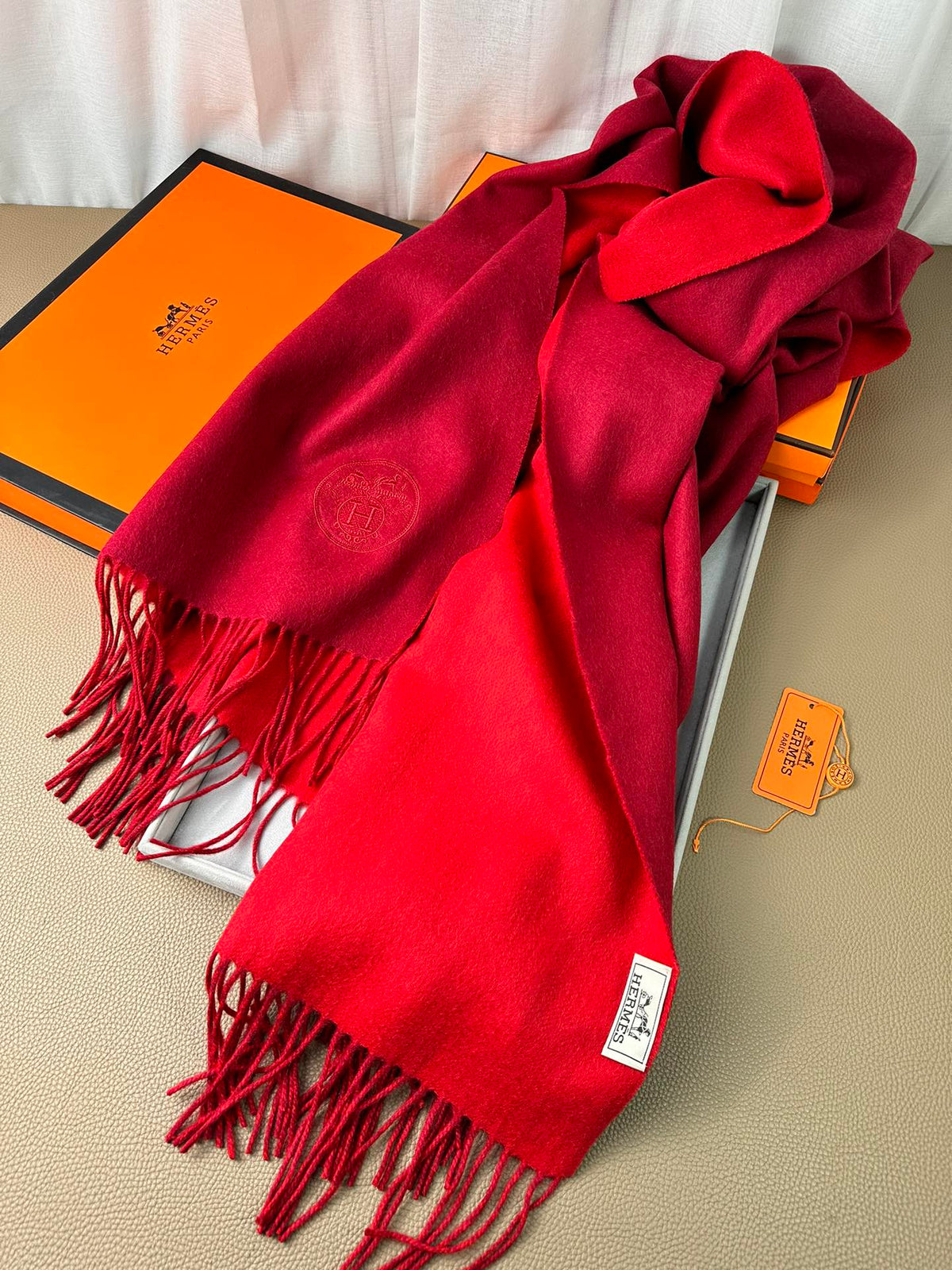 HERMES DOUBLE-FACE SCARF 200 CM IN CRIMSON RED CASERE