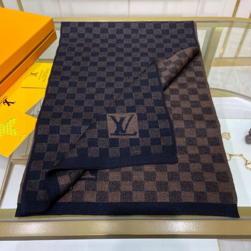LOUIS VUITTON PETIT DAMIER SCARF 170 CM IN CHOCOLATE BROWN MIX BLACK CASHMERE 390783