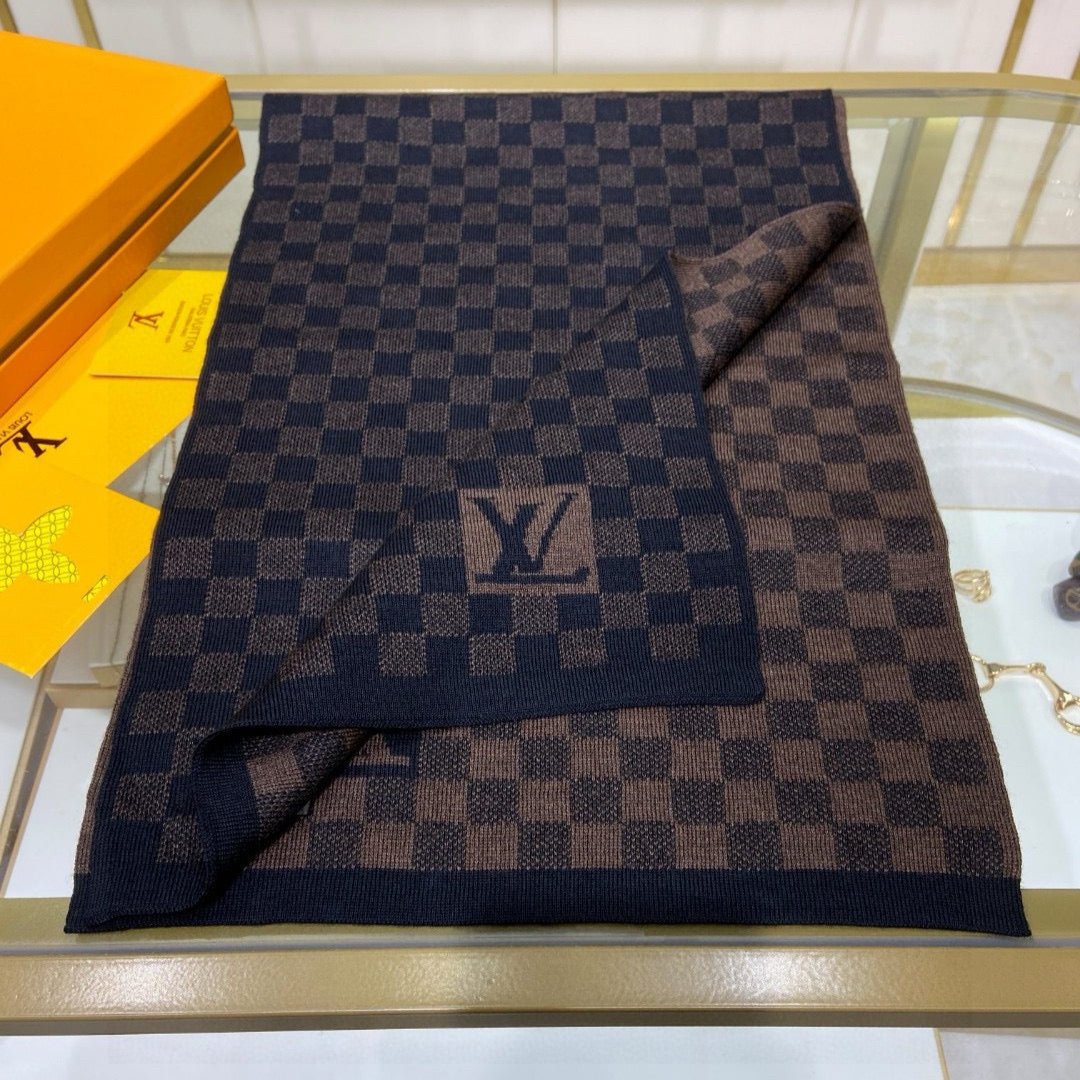 LOUIS VUITTON PETIT DAMIER SCARF 170 CM IN CHOCOLATE BROWN MIX BLACK CASHMERE 390783