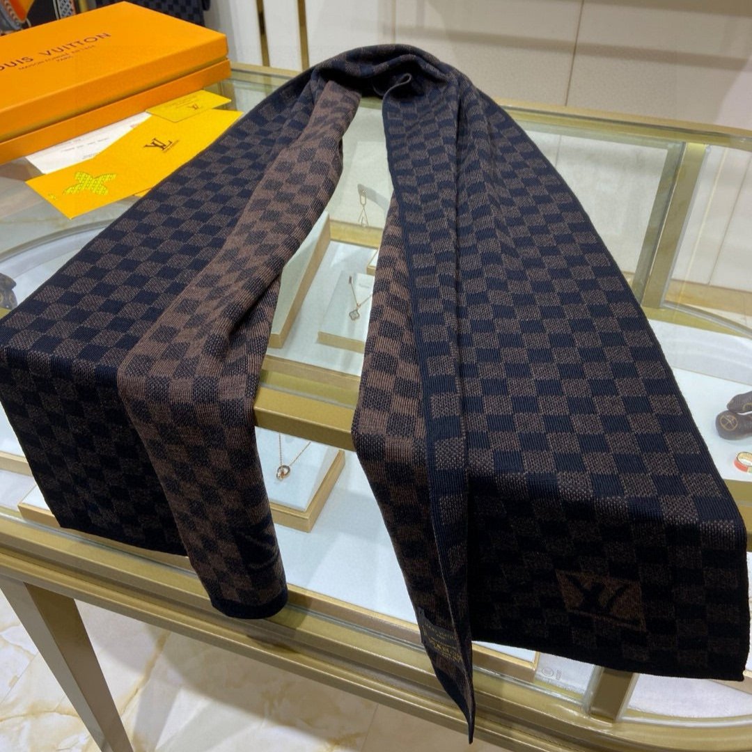 LOUIS VUITTON PETIT DAMIER SCARF 170 CM IN CHOCOLATE BROWN MIX BLACK CASHMERE 390783