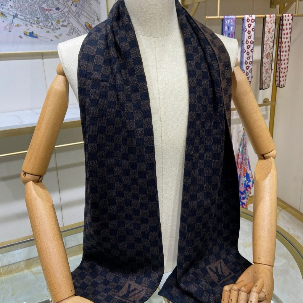 LOUIS VUITTON PETIT DAMIER SCARF 170 CM IN CHOCOLATE BROWN MIX BLACK CASHMERE 390783