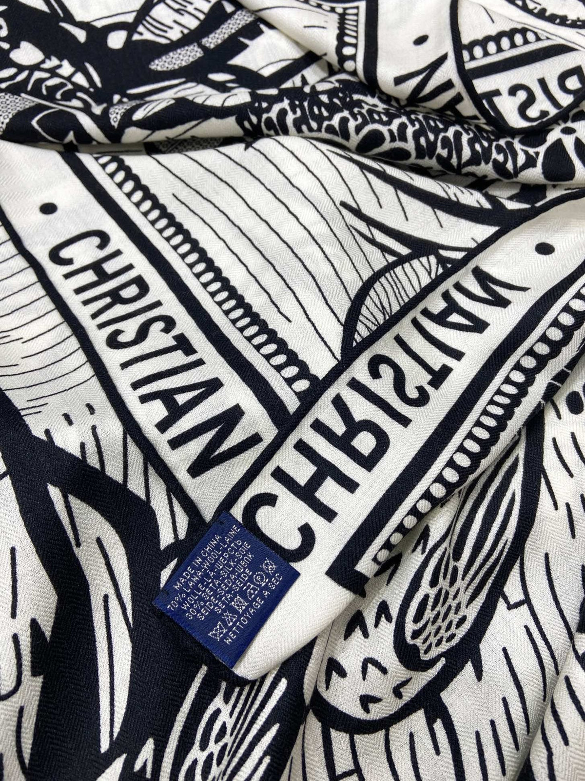 DIOR SQUARE SCARF 140 CM IN BLACK MIX WHITE MONOGRAM WOOL AND SILK 415111