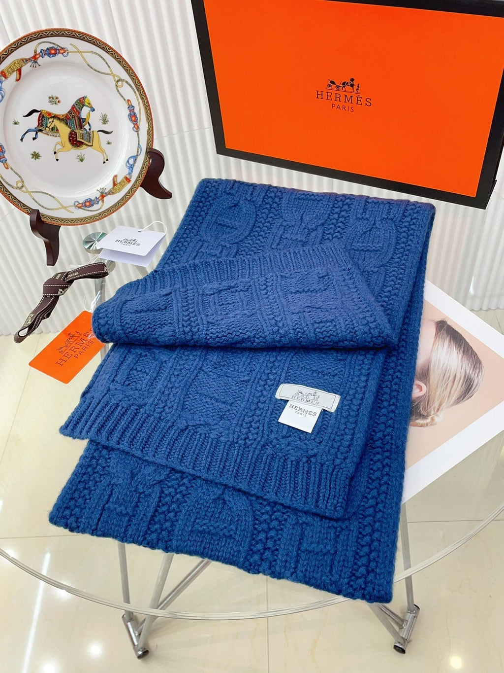HERMES FAUBOURG MUFFLER 170 CM IN COBALT BLUE CASERE