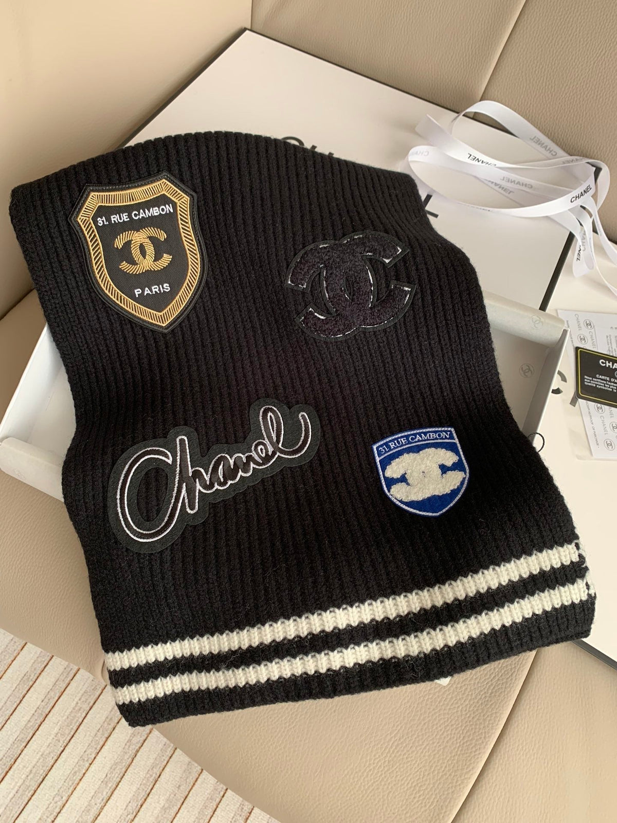 CHANEL SCARF 200 CM IN BLACK PURE CASHMERE WITH STICKER 392881