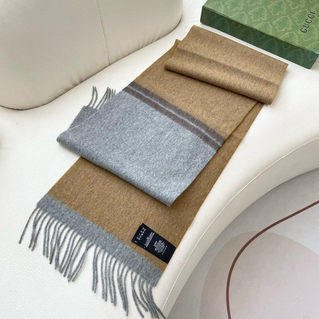 GUCCI SCARF 190 CM IN DOVE GRAY MIX TORTILLA BROWN CASHMERE AND WOOL 399763