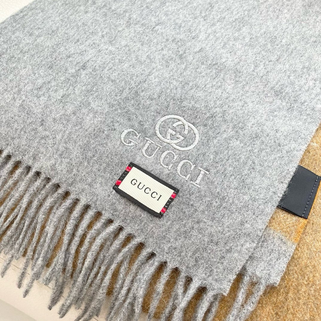 GUCCI SCARF 190 CM IN DOVE GRAY MIX TORTILLA BROWN CASHMERE AND WOOL 399763