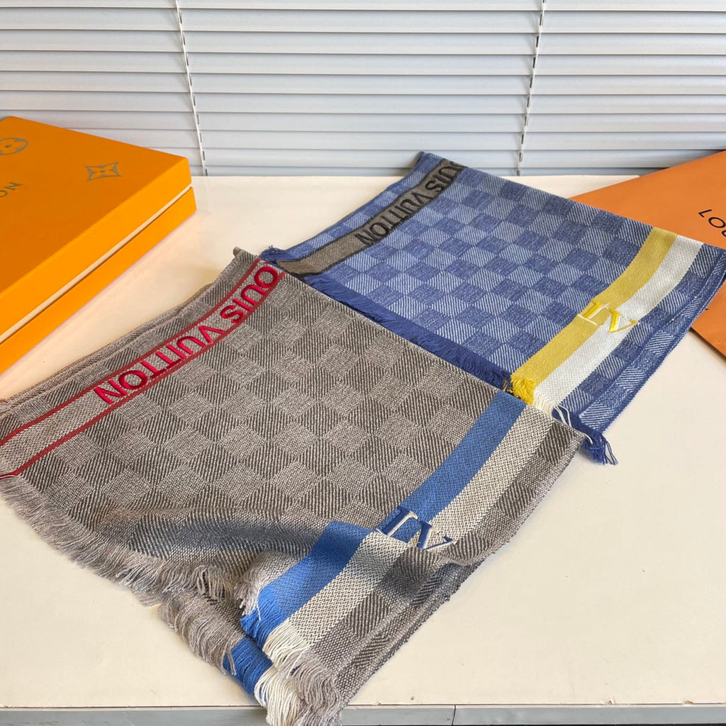 LOUIS VUITTON DAMIER SCARF 190 CM IN KHAKI BROWN CASHMERE 391147