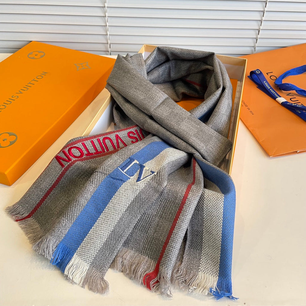 LOUIS VUITTON DAMIER SCARF 190 CM IN KHAKI BROWN CASHMERE 391147
