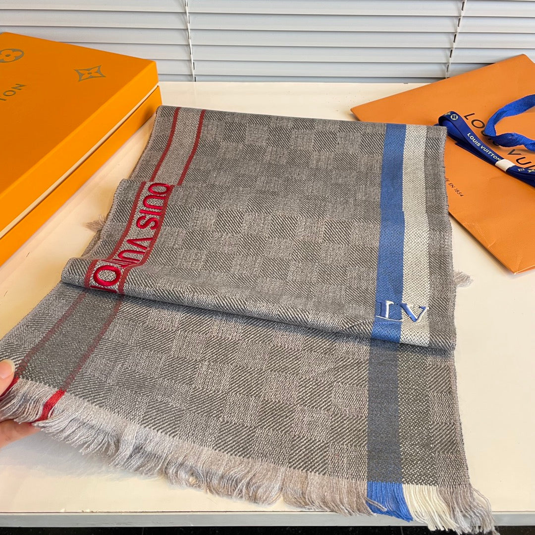 LOUIS VUITTON DAMIER SCARF 190 CM IN KHAKI BROWN CASHMERE 391147