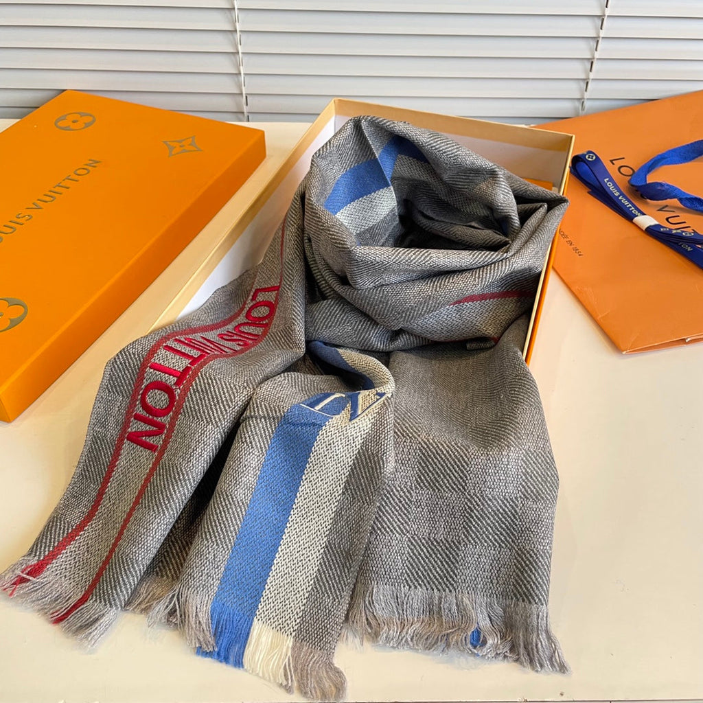 LOUIS VUITTON DAMIER SCARF 190 CM IN KHAKI BROWN CASHMERE 391147