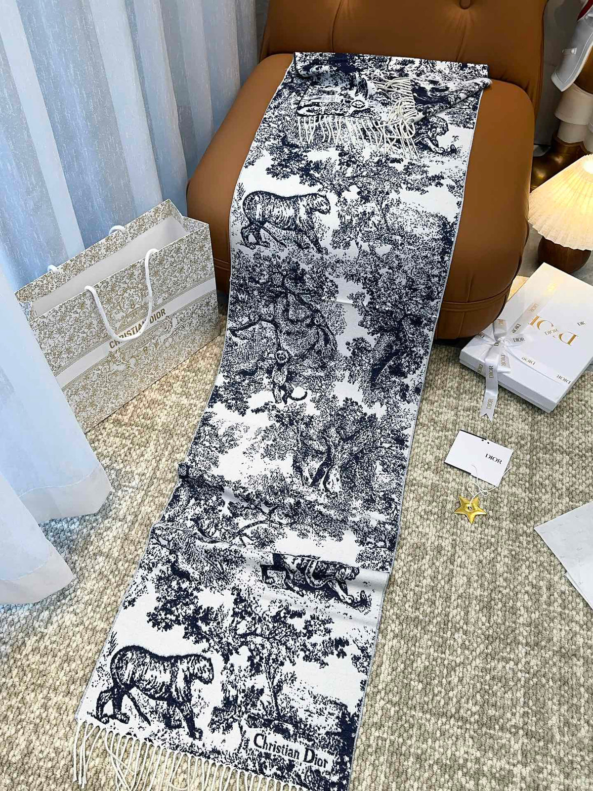 DIOR SCARF 220 CM IN NAVY BLUE MIX WHITE MONOGRAM CASHMERE AND WOOL 413656