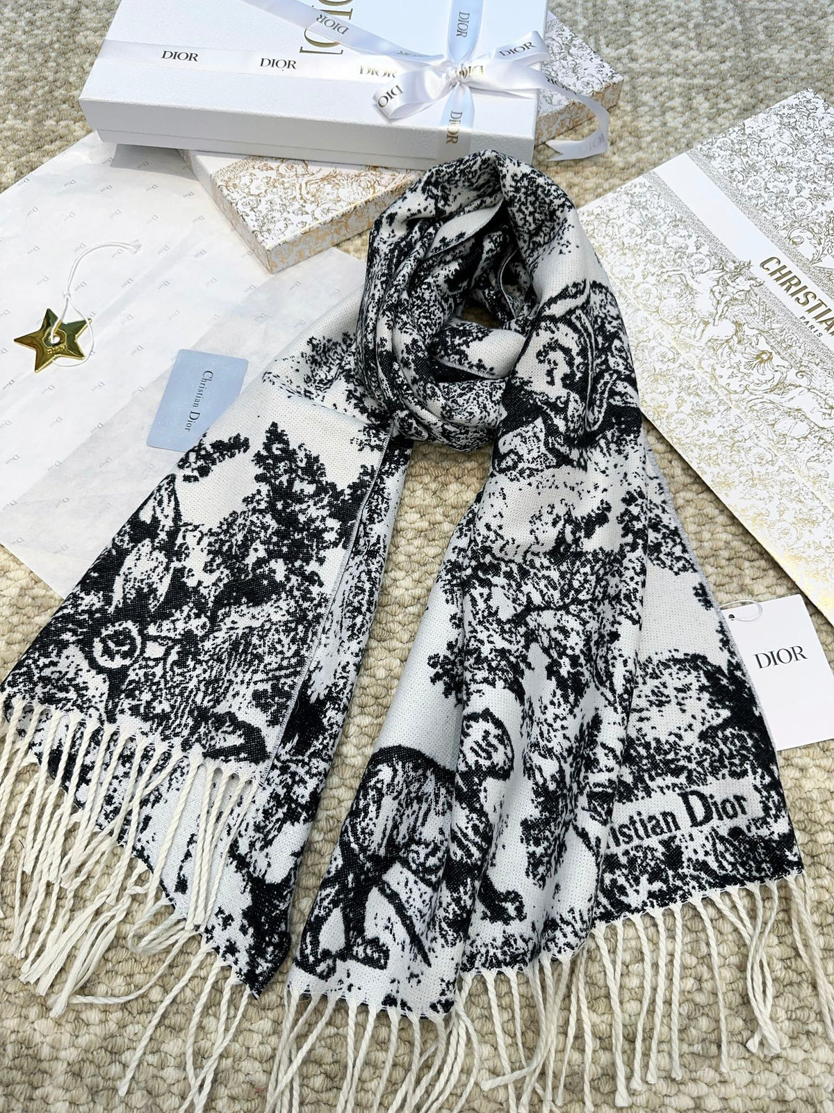 DIOR SCARF 220 CM IN BLACK MIX WHITE MONOGRAM CASHMERE AND WOOL 413658