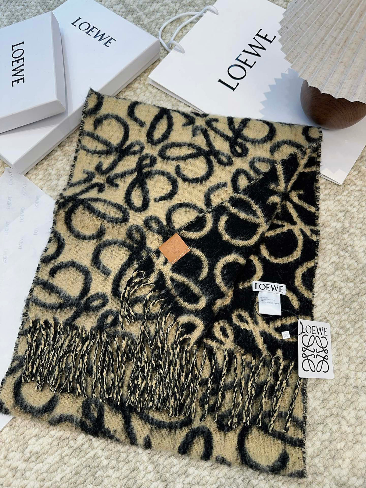 LOEWE SCARF 186 CM IN BLACK MIX CAMEL BEIGE ALPACA AND WOOL 403823