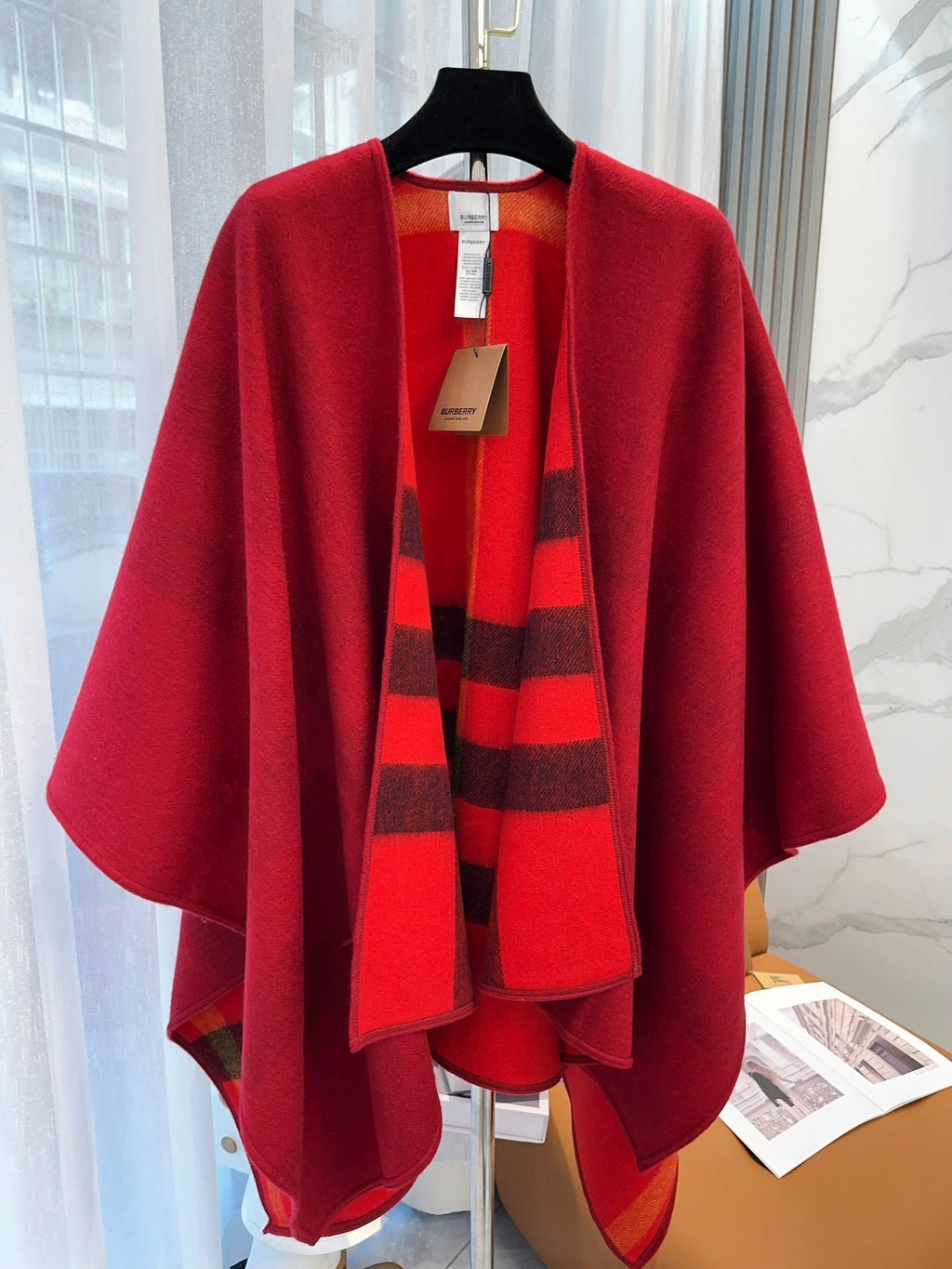 BURBERRY REVERSIBLE CHECK CASHMERE CAPE CHERRY RED AND BLACK 410134