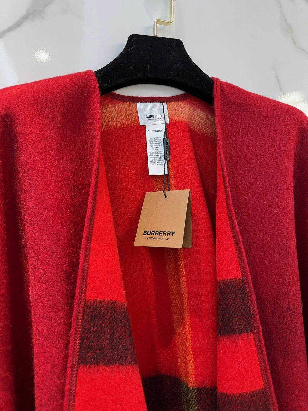 BURBERRY REVERSIBLE CHECK CASHMERE CAPE CHERRY RED AND BLACK 410134