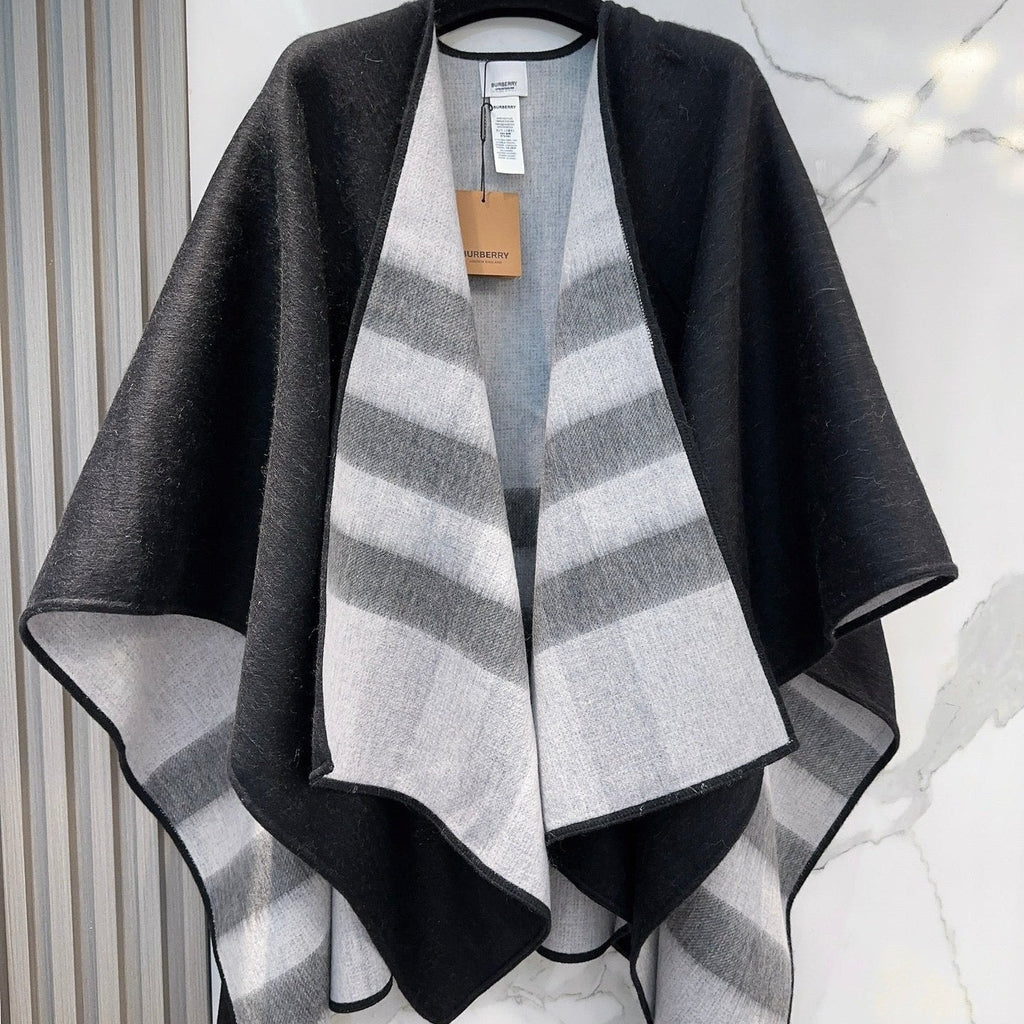 BURBERRY WOOL CAPE 140 CM BLACK AND LIGHT GRAY 394535