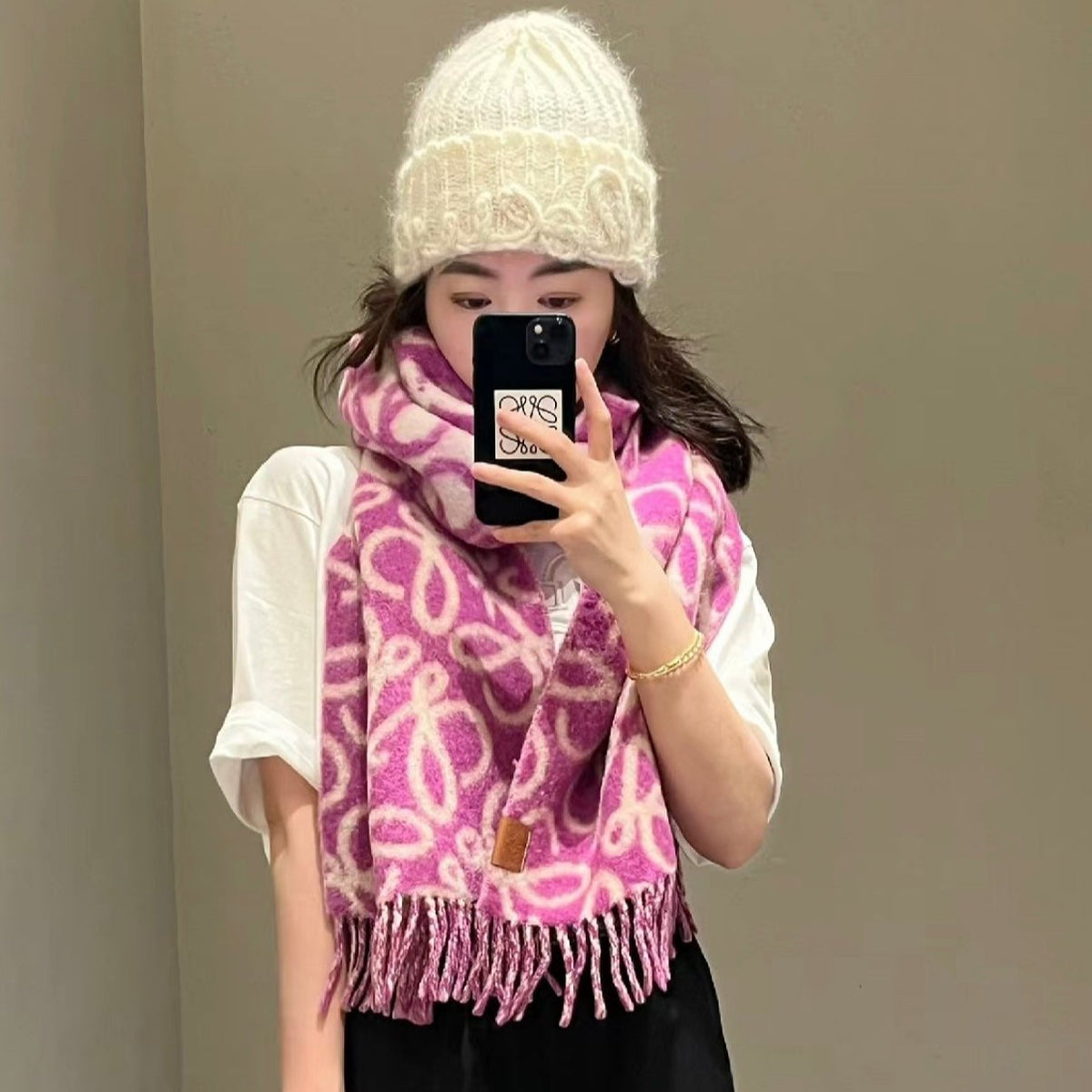 LOEWE ANAGRAM 200 CM SCARF IN ORCHID PURPLE MIX BEIGE ALPACA AND WOOL 411849
