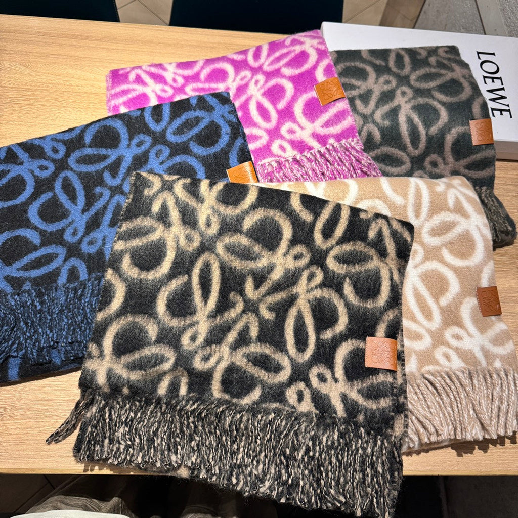 LOEWE ANAGRAM 200 CM SCARF IN BLACK MIX BEIGE ALPACA AND WOOL 411850
