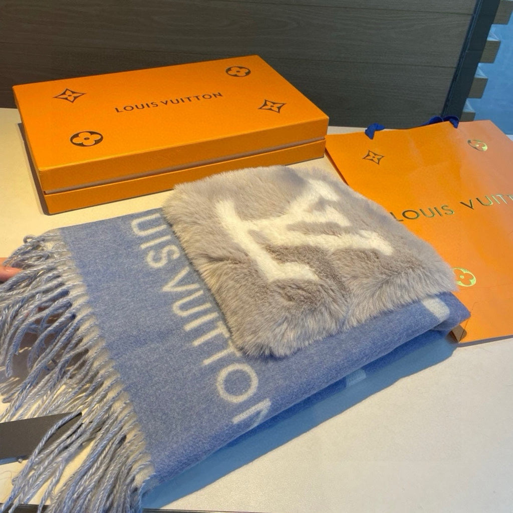 LOUIS VUITTON COLD REYKJAVIK SCARF 190 CM IN STEEL BLUE CASHMERE 394490