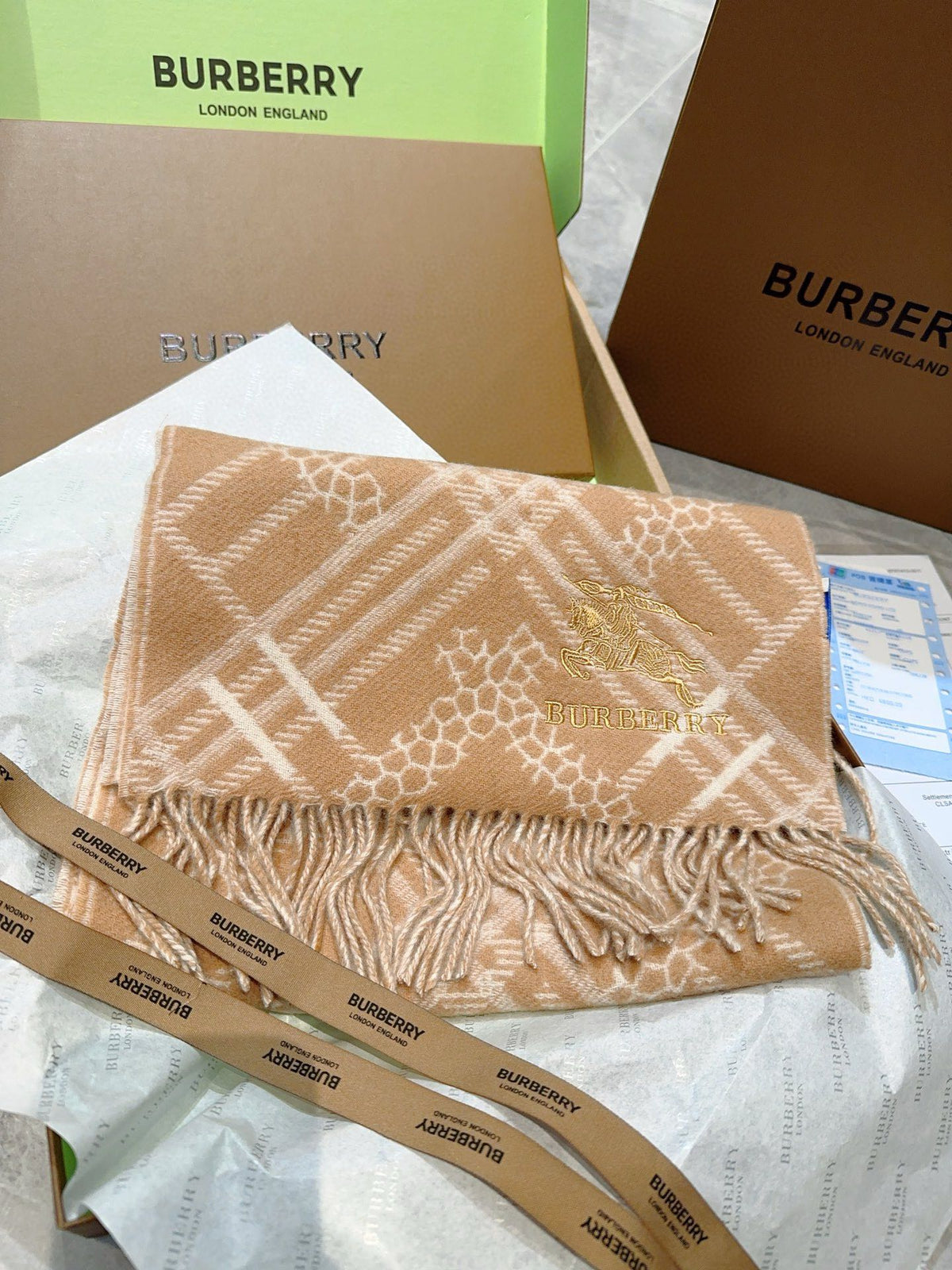 BURBERRY CLASSIC CHECK SCARF 168 CM IN CIDER BROWN CASHMERE 396322