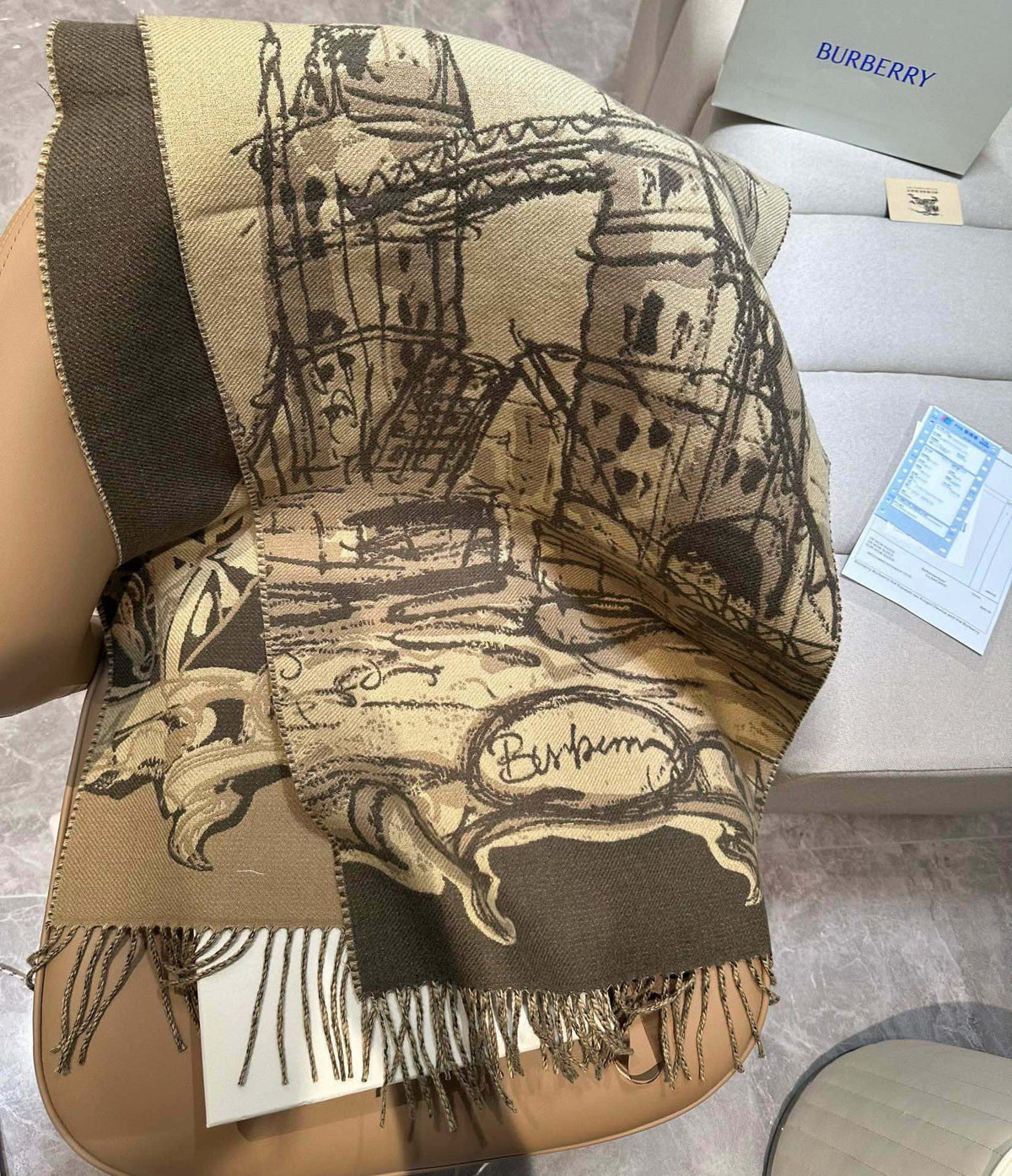BURBERRY TOWER BRIDGE CASHMERE 210 CM SCARF SAND BROWN 410075