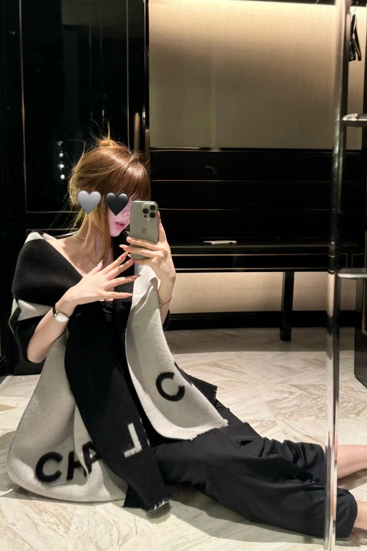 CHANEL SCARF 200 CM IN BLACK MIX WHITE CASHMERE AND WOOL 401299