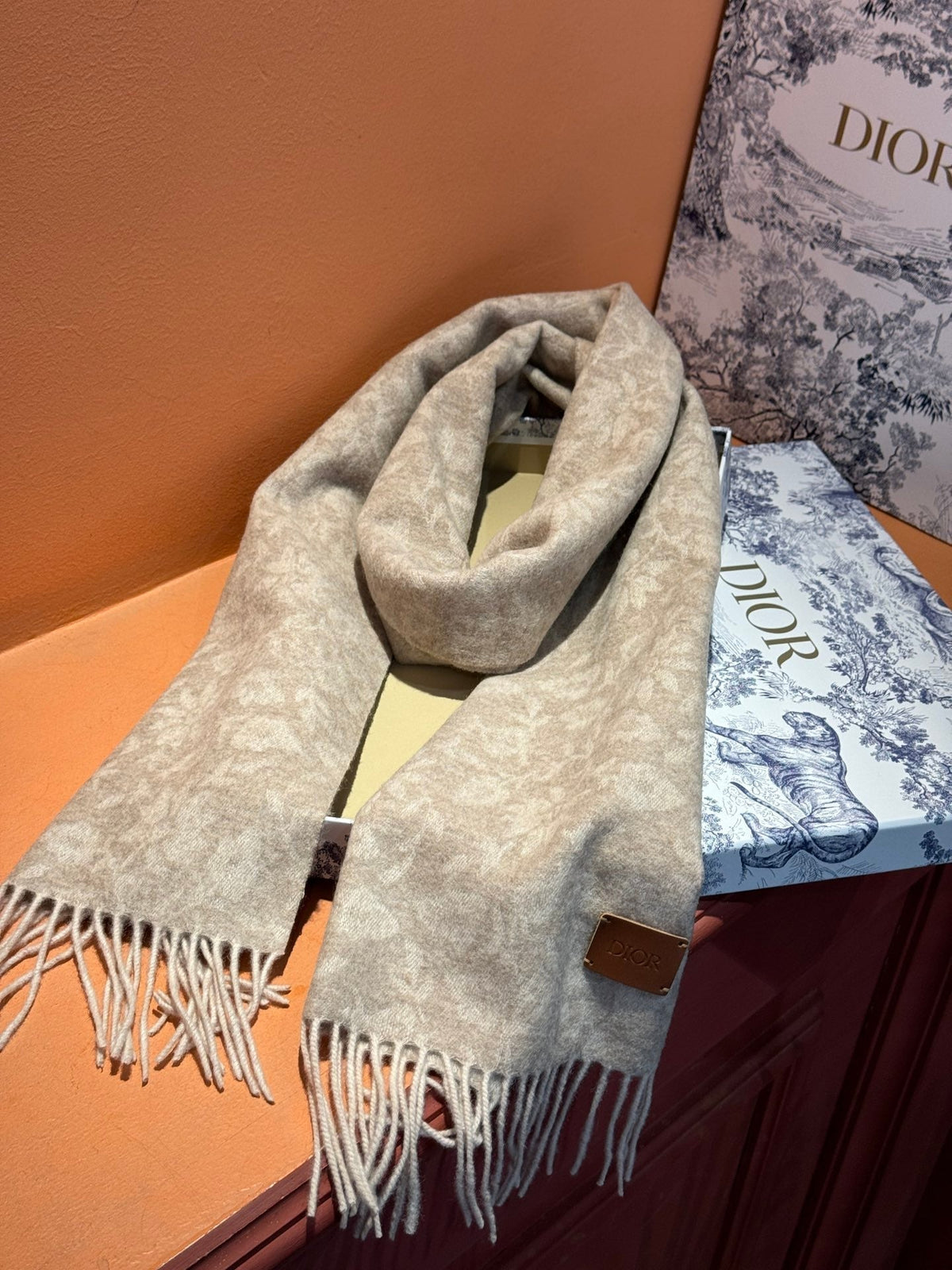 DIOR SCARF 180 CM IN ECRU TAN MONOGRAM CASHMERE 394644