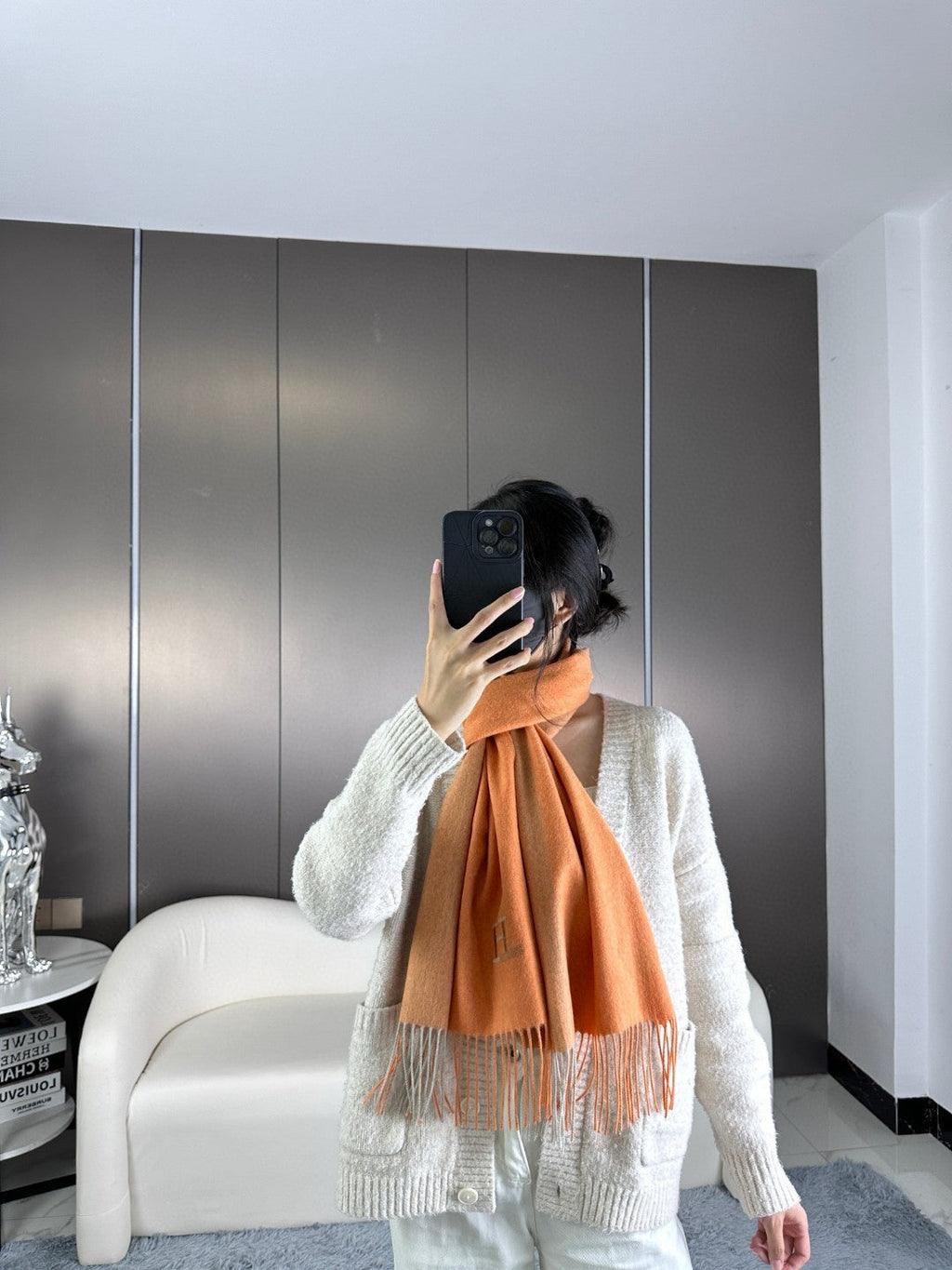 HERMES SCARF 190 CM IN TIGER ORANGE CASERE 364767