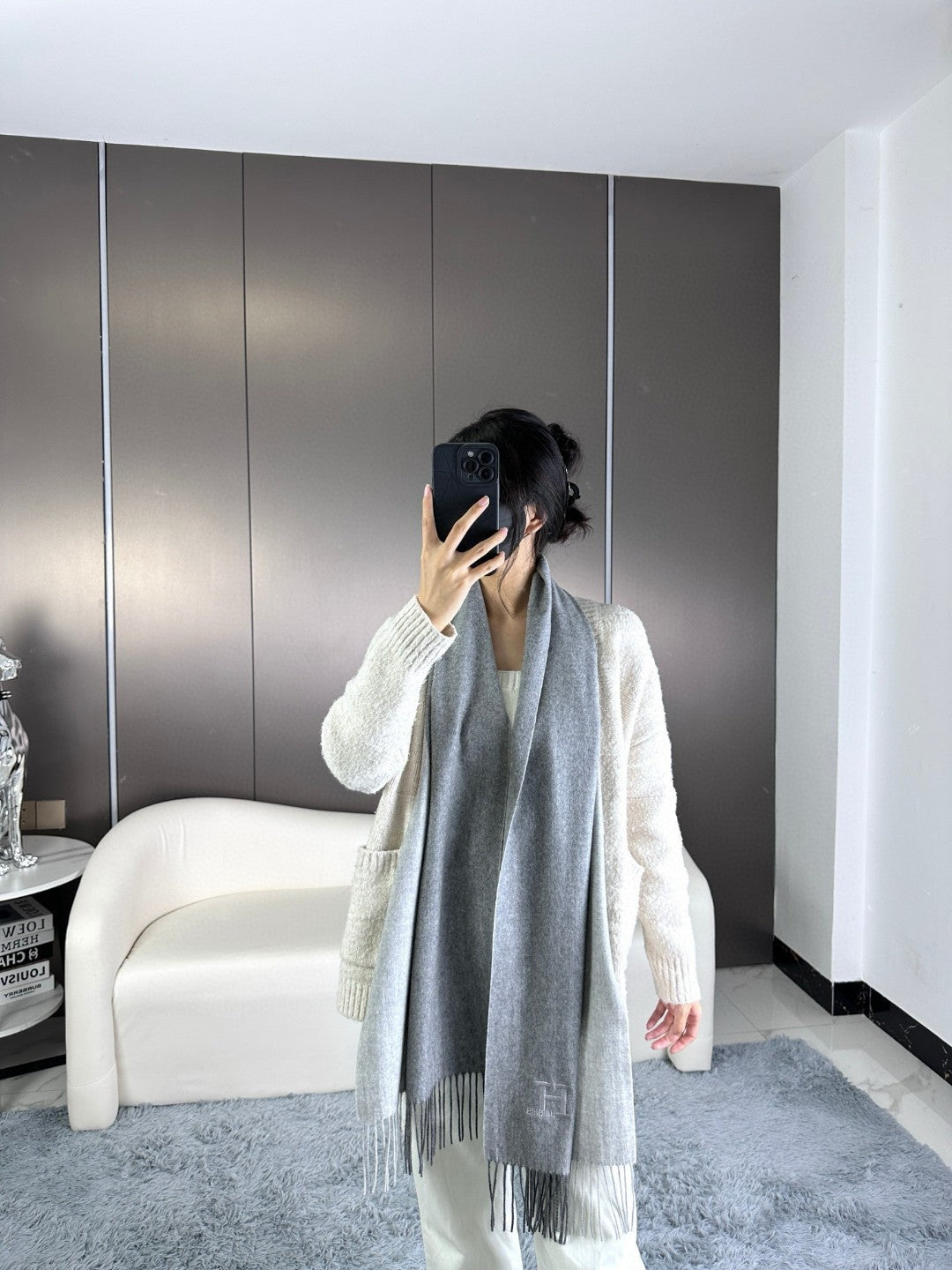 HERMES SCARF 190 CM IN DOVE GRAY CASERE