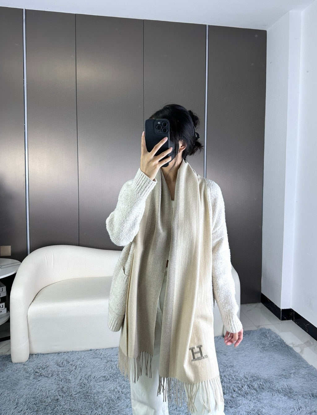 HERMES SCARF 190 CM IN WHITE MIX GRAY CASERE