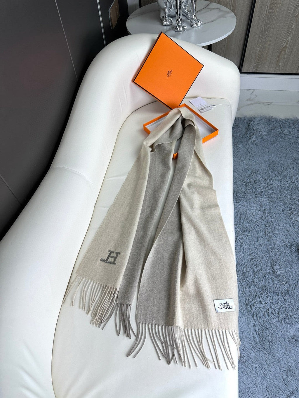 HERMES SCARF 190 CM IN ECRU TAN CASERE 364769
