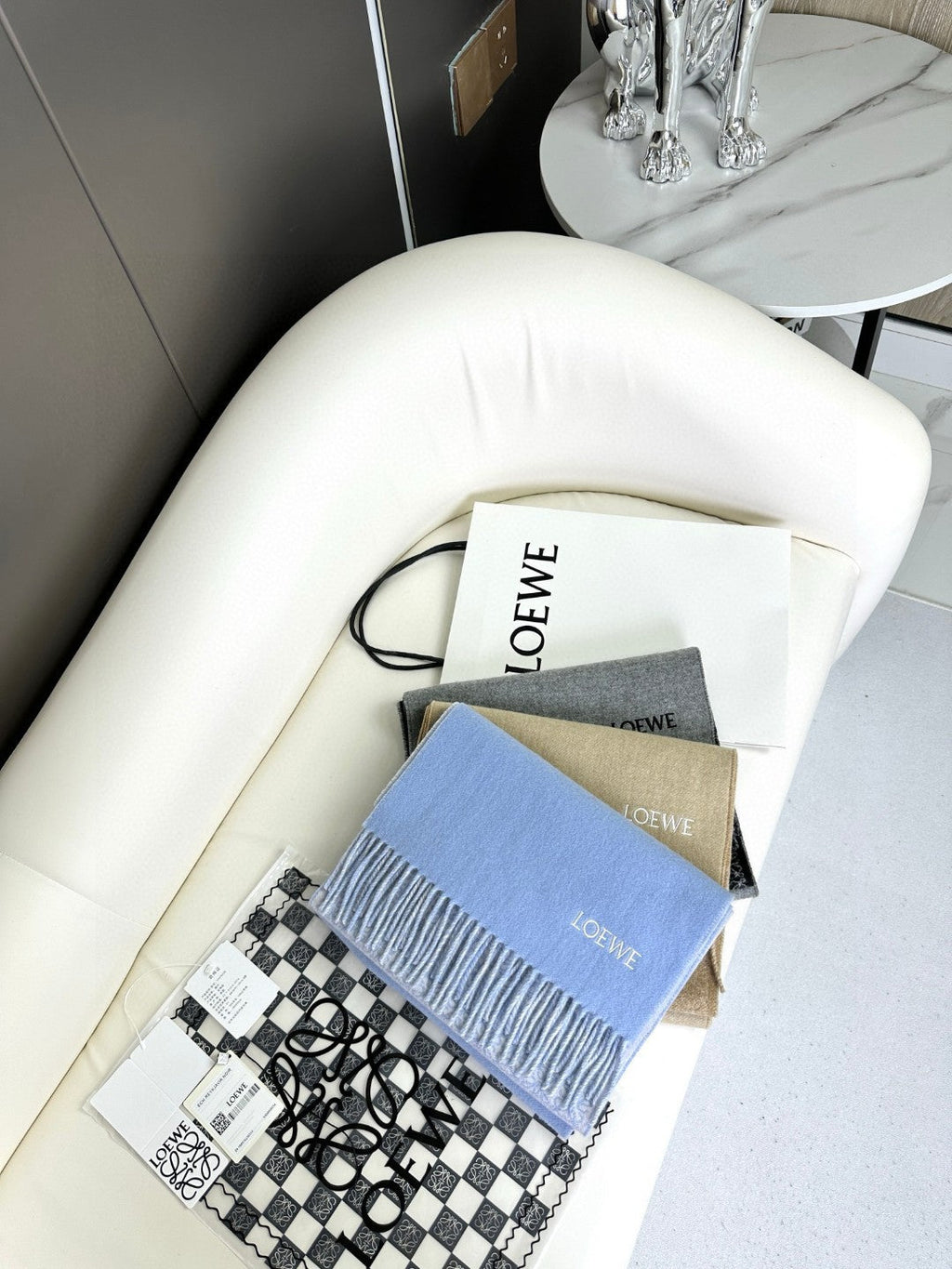 LOEWE ANAGRAM SCARF 182 CM IN CERULEAN BLUE WOOL AND CASHMERE 408526