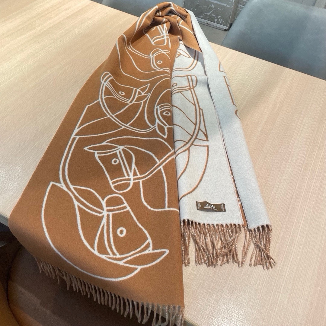 HERMES CASAQUE ENTRELACS EQUESTRES 190 CM SCARF IN COPPER BROWN CASERE