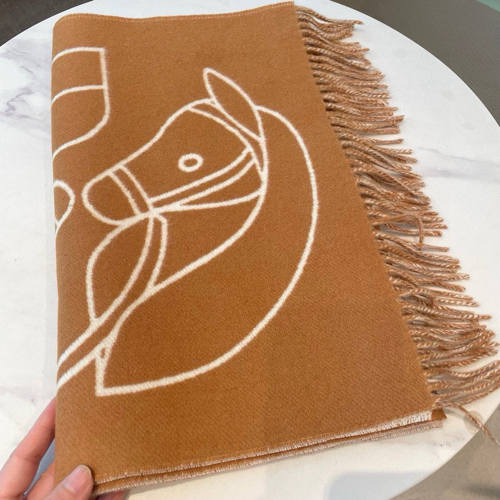 HERMES CASAQUE ENTRELACS EQUESTRES 190 CM SCARF IN COPPER BROWN CASERE