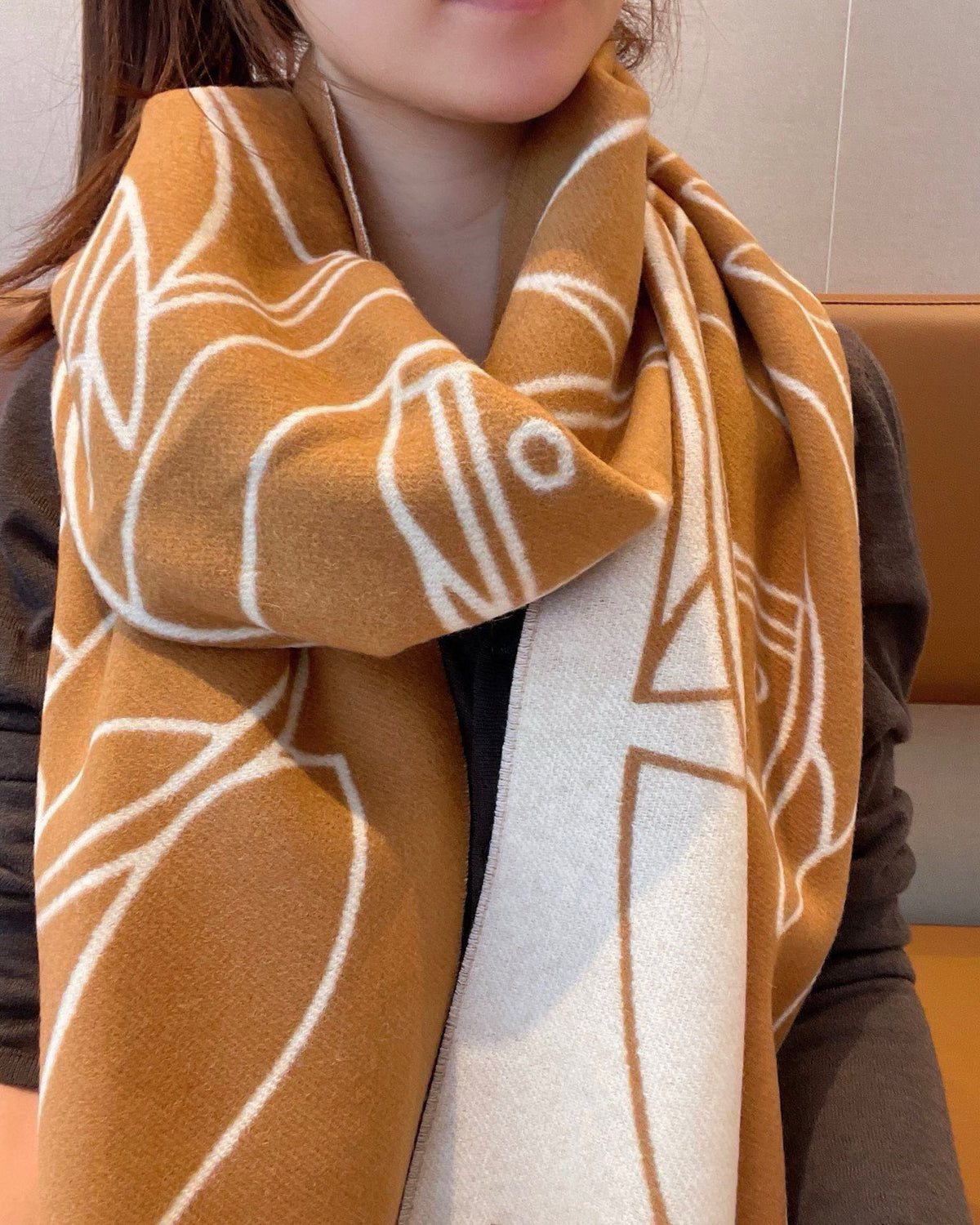 HERMES CASAQUE ENTRELACS EQUESTRES 190 CM SCARF IN COPPER BROWN CASERE