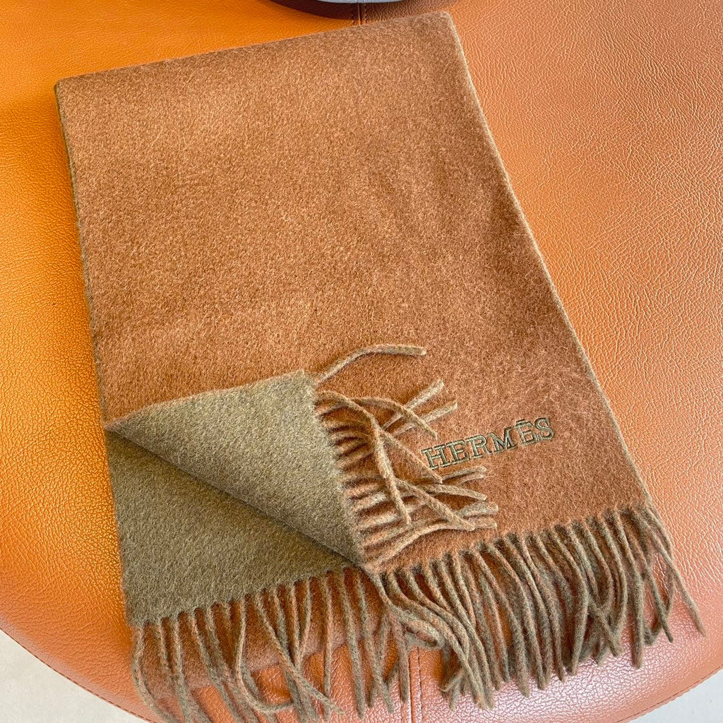 HERMES DOUBLE-FACE STOLE SCARF IN BURNT ORANGE MIX OLIVE GREEN CASERE 394462