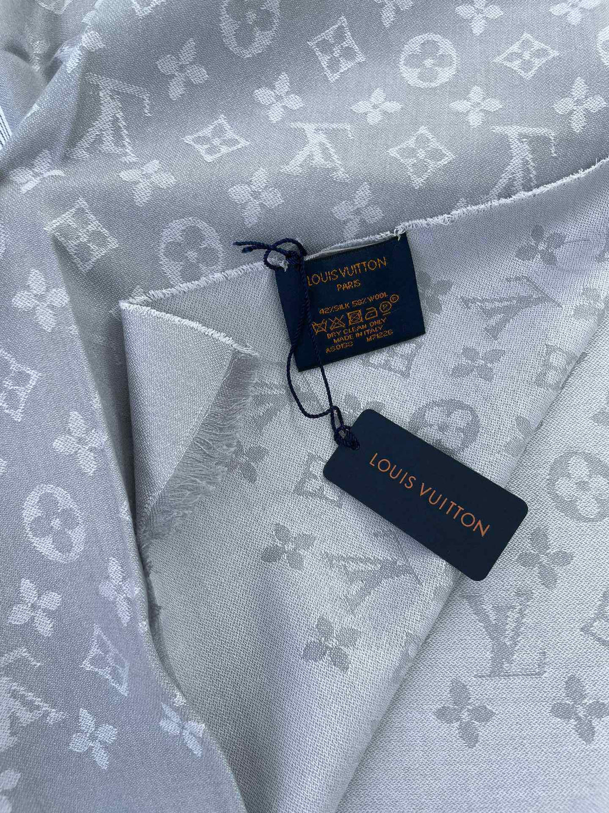 LOUIS VUITTON MONOGRAM SCARF 200 CM IN LIGHT GRAY CASHMERE AND SILK 388079