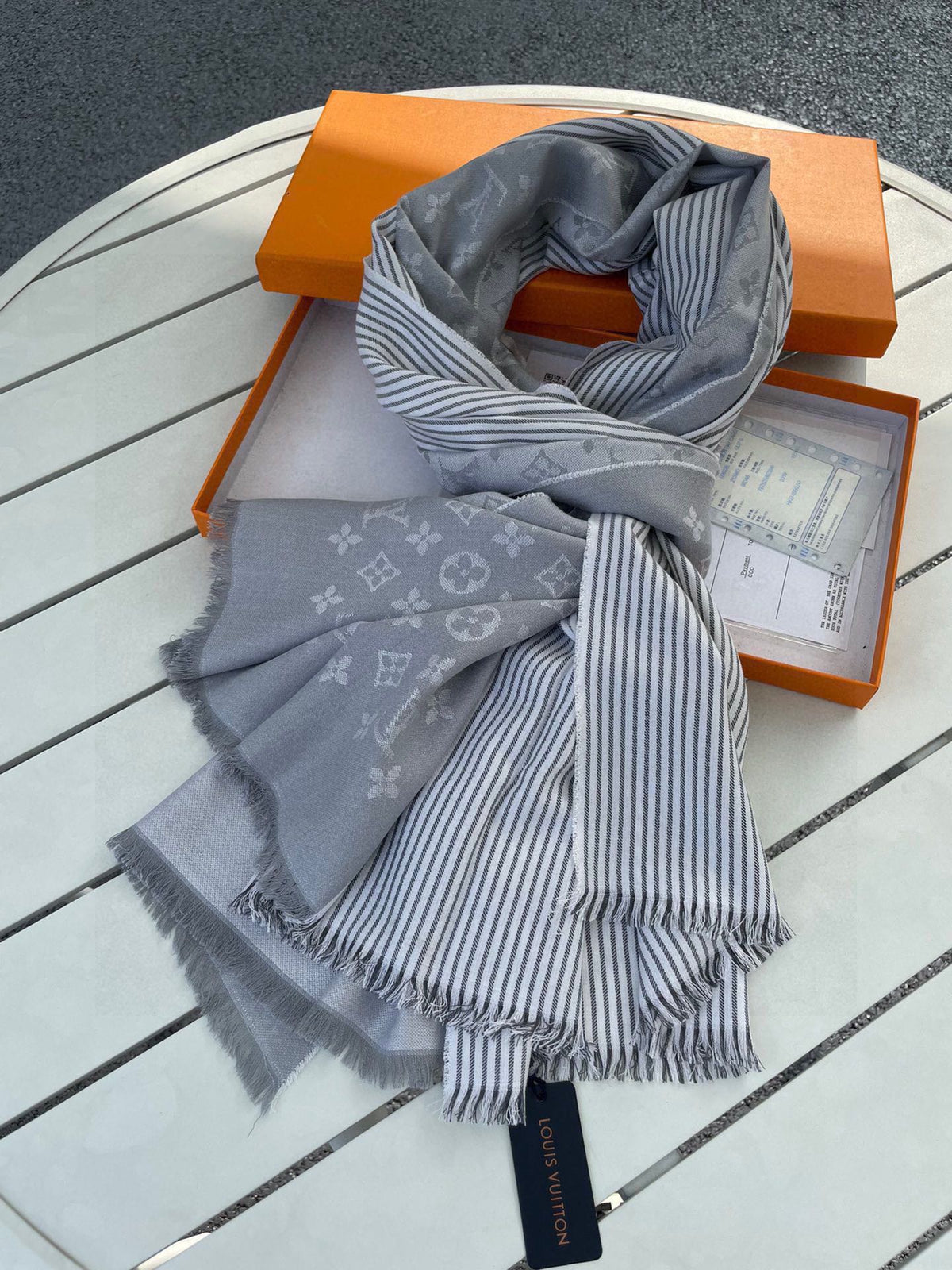 LOUIS VUITTON MONOGRAM SCARF 200 CM IN LIGHT GRAY CASHMERE AND SILK 388079