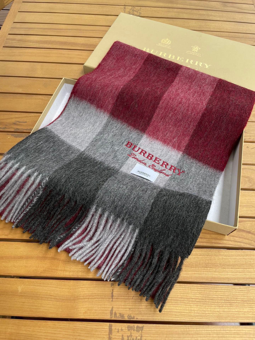BURBERRY SCARF 180 CM IN CURRANT RED MIX BLACK CASHMERE 394743