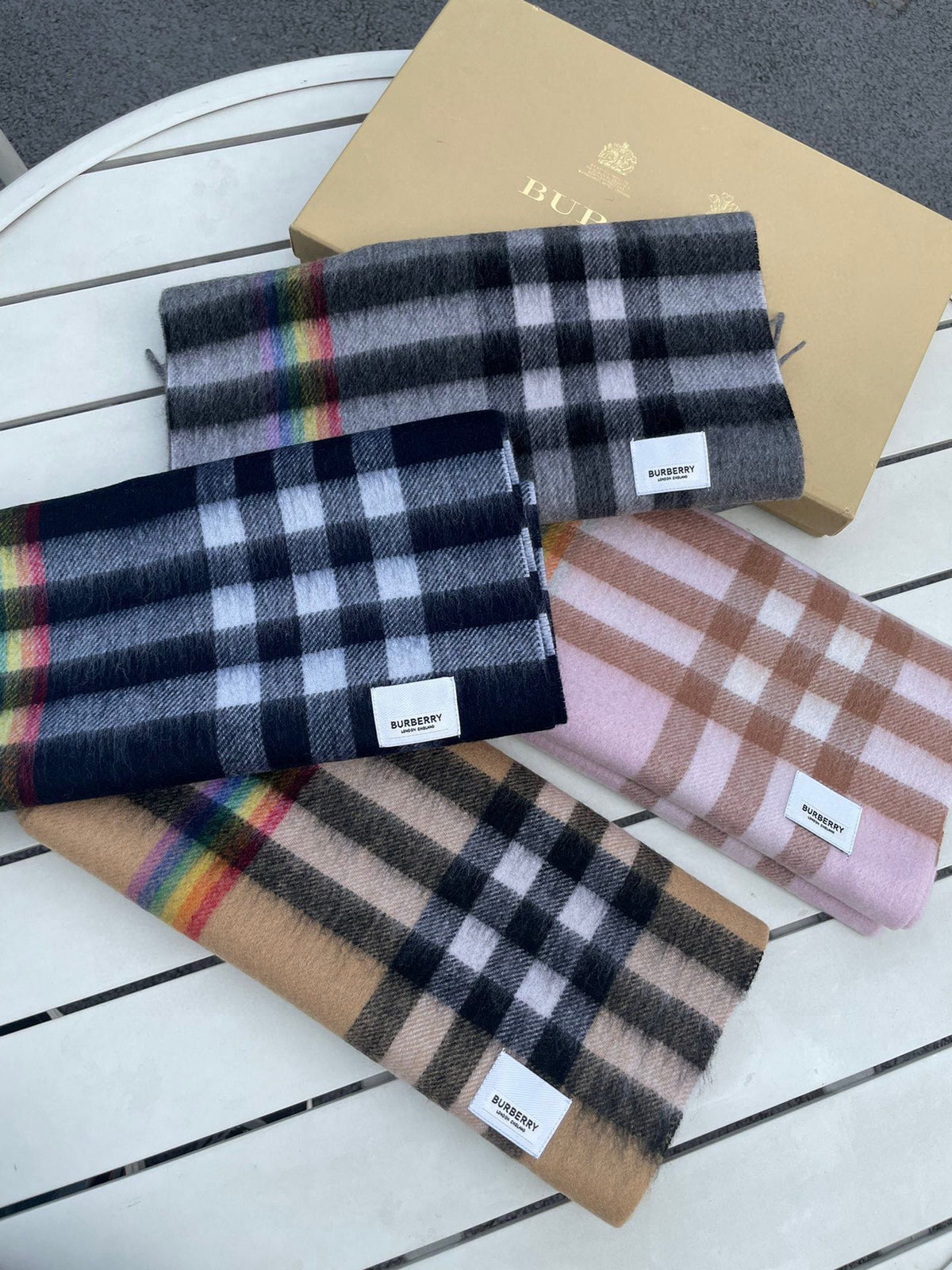 BURBERRY CHECK SCARF 200 CM IN BLACK MIX DOVE GRAY CASHMERE 394751