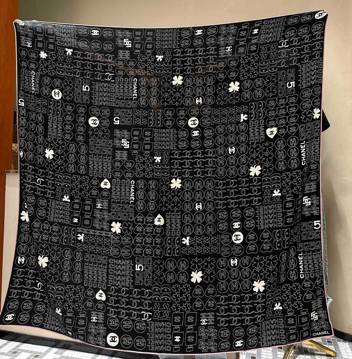 CHANEL SQUARE SCARF 140 CM IN BLACK MONOGRAM SILK 403999