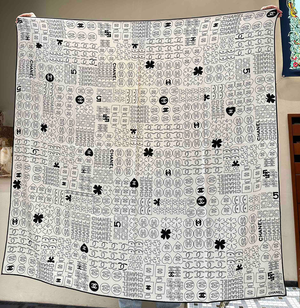 CHANEL SQUARE SCARF 140 CM IN WHITE MONOGRAM SILK 403998